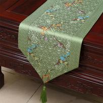 Chinese Traditional Satin Table Runner Floral Dragon Phoenix Pattern Luxury Wedding Decor Tassel Lace Table Cover Centerpiece (as the picture,33x150cm)