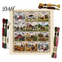 Farmhouse Style Embroidery Decor 12-Month Cross Stitch Kit, DIY Four Seasons Seasonal Monthly Kit Stamped Stitching Craft Set for Beginners, A beige