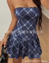 Spot new European and American women's clothing tube top sleeveless one-word collar tight printed short dress XL mėlyna