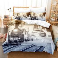 Steam Engine Duvet Cover Set Black Smoke Vintage Locomotive Train Picture King Queen Size For Kid Boy Girl Polyester Bedding Set 135cmx200cm