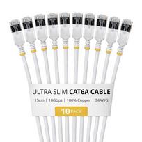 StarTech.com 15cm White Ultra Slim Cat6A Ethernet Cable, 10 Pack, Snagless, FTP, Pure Bare Copper Wire, 34AWG Ultra Slim RJ45 Network Patch Cord, Individually Tested