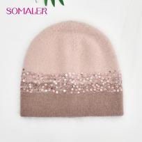 SOMALER Žieminės kepurės moterims Šilta megzta kepurė iš angoros vilnos Madinga kepurė su blizgučiais Stora ilga triušio kailio kepurė kaukolė Bonnet One Size rožinė