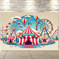 1 vibrant amusement park welcome banner - with Ferris wheel, roller coaster, and carousel, suitable for parties and photographyL 100x150cm blue
