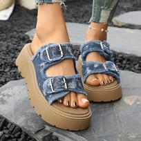 Women's Thick-Soled Denim Slip-On Slide Sandals With Belt Buckle, Versatile Leopard-Print Outdoor Casual Footwear, Available In Large Sizes. 38 gray