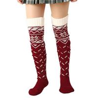 Women Christmas Snowflake Knitted Thigh High Stockings Acrylic Fabric Over Knee Long Boot Socks Leg Warmers with Bandage tamsiai raudona spalva