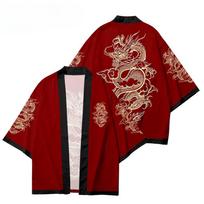 Kinų stiliaus drakono totemo taoistinis chalatas, 3D spausdintas japoniškas megztinis kimono naktiniai marškiniai XL brown