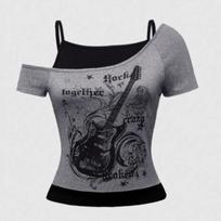 KOSY Y2k Slim Fit Print Tops Women Off Shoulder Short Sleeve Tee Shirt Neploe American Vintage Fake Two Piece Halter Lace Up T-shirts M gray