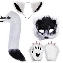 Pliušinis Helovino Cosplay Rinkinys: Katės Kaukė, Lapės Uodega, Vilko Ausys ir Letenų Pirštinės One Size white
