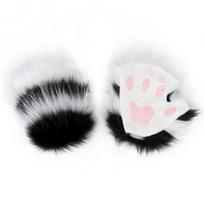 Plush Cat Paw Gloves Cosplay Costume Role Play Fingerless Feline Claws In Black White Gray Pink Blue Orange Black-White white