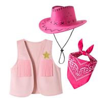 Merginų vakarietiško kaubojaus liemenės kostiumas su kutais ir skara festivaliui ar vaidmenų žaidimo renginiams Size 130 (6-7 years) pink