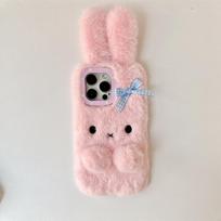 Kawaii 3D animacinis lankelis su zuikio ausimis Šiltas pliušinis dėklas telefonui iPhone Air 12 13 14 15 16 11 17 Pro Max Atsparus smūgiams dangtelis iPhone 12 Pro rožinė