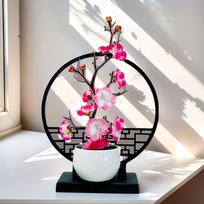 Elegant Chinese-Style Artificial fower Plum Blossom Bonsai Set with Screen Base - Perfect for Home and Office Decor, white