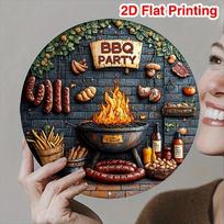 plaintextVintage BBQ Party Round Metal Sign Retro Grill Fire  Sausage Design Tin Plaque Wall Decor for Backyard Patio Barbec 20x20cm(8x8inch)