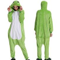 Jaukus unisex suaugusiųjų gyvūno flanelinis kombinezonas pižama su šoninėmis kišenėmis Frog,M white