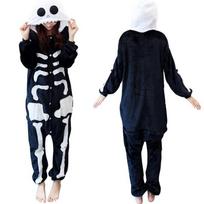 Jaukus unisex suaugusiųjų gyvūno flanelinis kombinezonas pižama su šoninėmis kišenėmis Skull,XL black