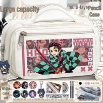 Demon Slayer Tanjiro & Nezuko Multilayer Pencil Case - Large Capacity, Unisex, Stylish Student Stationery Box gray