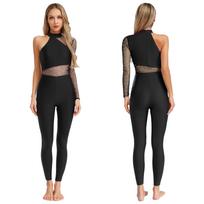 One Shoulder Dance & Stage Bodysuit for Women S-XXL: Sparkling Rhinestone & Sheer Mesh Long Sleeve Gymnastics Costume XXL black
