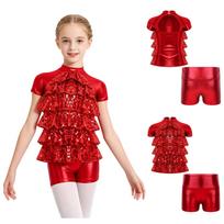 Kids Stage Dance Wear Sequin Tiered Ruffle Mock Neck Crop Top Back Cutout with Matching High Waist Metallic Shorts for Jazz Competition 7-8 Years red
