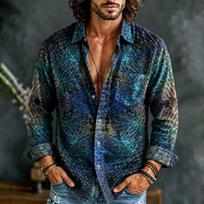 Men's Long Sleeved Shirt with Geometric Stitching and Full Print Top, Versatile Casual Shirt for Daily Commuting and Travel 2XL black