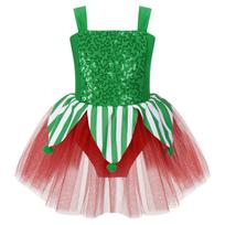 Girls Shiny Christmas Costume Pompoms Tulle Skirt Jumpsuit Sleeveless Jagged Hem Holiday Party Outfit 5-6 Years žalia