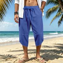 Men Casual Waffle Cropped Capri Pants Elastic Drawstring Waist Loose Irregular Hem Summer Beach Daily Outdoor Trousers M