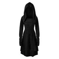 Yousheng Women Cosplay Dress Gothic Solid Color Lace-up Strap Slim Waist Irregular Hem Hooded Long Sleeves Theme Parties Role-Playing Festival 2XL juoda