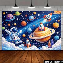 Space Travel Backdrop Banner, Astronaut with Rocket Colorful Planets and Comet Trails, Photo Background for Universe Theme Party Planetarium Decor 5x3ft|/|59x36in|/|152cmx92cm white