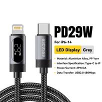 Essager Skaitmeninis ekranas USB C laidas, skirtas iPhone 14 13 12 11 Pro Max, PD 29W Greitas įkrovimas, C tipo į Lightning laidas, skirtas iPad Macbook 1m pilka
