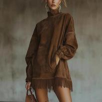 Moteriška vintažinė suknelė kutai sujungta aukštu kaklu mini suknelė kišenės laisva ilgomis rankovėmis Vestidos vienspalvė elegantiška gatvės stiliaus rudens M ruda
