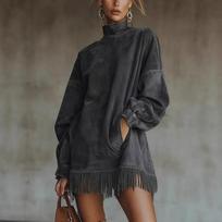 Moteriška vintažinė suknelė kutai sujungta aukštu kaklu mini suknelė kišenės laisva ilgomis rankovėmis Vestidos vienspalvė elegantiška gatvės stiliaus rudens S tamsiai pilka spalva