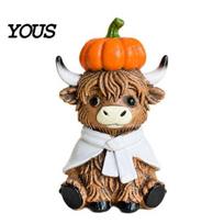 Autumn Home Decor Cute Sitting Highland Cow Pumpkin Figurine, Resin Statue Ornament Harvest Festival Gifts for Decor, Fall Tiered Tray Tabletop brown