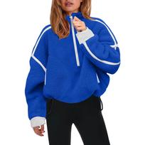 Women's Color Semi High Neck Sweatshirt, Casual Zipper Loose Top Sweatshirt XL mėlyna