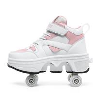 Kids Roller Skates Shoes 6-15 Years Old Four-wheel Deformation Can Walk Can Skate Skates Girl Runaway Shoes 34 rožinė/balta