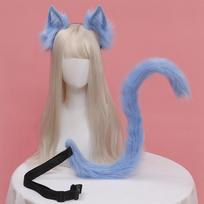 Katės ausų ir uodegos rinkinys Pliušiniai pūkuoti gyvūno ausys Plaukų lankeliai Anime Cosplay rekvizitai Helovino karnavalinio vakarėlio kostiumų aksesuarai be peruko mėlyna