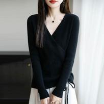 Japanese V-Neck Wool Kimono Top - Autumn/Winter, Slim-Fit, Long Sleeve, Drawstring French Cross Design. white