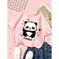 Kids Crewneck Short Sleeve Tee, White Cartoon Panda Print 150 rožinė