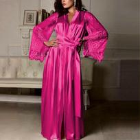 Elegant Women Nightdress Silk Satin Lace Lingerie Kimono Sleepwear Long Robe Gown RoseRed,XL pink