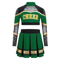 Kids Girls Stage Cheer Costume Set: Long Sleeve Mesh Patchwork Rhinestone Crop Top & Color Block Pleated Skirt for Performance 5-6 Years žalia