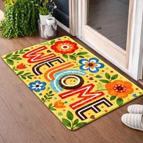 Colorful Cartoon Flower Welcome Letter Door Mat Non Slip Entrance Doormat Bright Floral Leaf Heart Pattern Floor Rug 43X120CM white