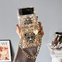 Madingas įbrėžimams atsparus telefono dėklas su metaline rankos grandinėle, skirtas Samsung Galaxy Z Flip 5 6 4 3 2 - Blizgantis deimantinis leopardas For Galaxy ZFlip 1 2 black
