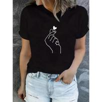90s Finger Tshirt Heart Print T-Shirt Short Sleeve Crew Neck Casual Top for Summer Spring Women's Clothing Top Tee XS black