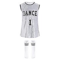 Girls Stage Performance Dress: Round Neck Sleeveless Sparkly Sequins with Socks for Hip-Hop Jazz Cheerleading Shows 13-14 Years