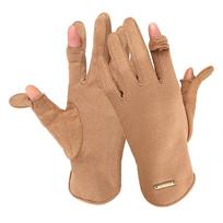 Simple Suede Leaking Finger Gloves Men's and Women's Velvet Warm Riding Driving Flip Touch Screen Couple Gloves Protective Gear Women's chaki
