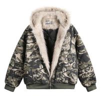 Unisex Amerikietiško Retro Kamufliažo Kailiniu Apykakle Medvilninis Švarkas Rudeniui/Žiemai - Zuo Shan Diao BF Stilius S gray