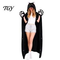 Nešiojama gaubtu antklodė Gyvūno Hoodie moterims, Negabaritinis flanelinis džemperis Žieminiai atsitiktiniai drabužiai Antklodė, Sagomis užsegamas Cosplay apsiaustas Pižama moterims E