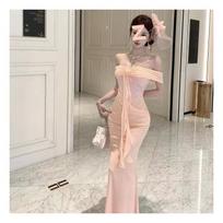 [Chest Pad] Design Sense Niche Spice Girl Temperament Royal Sister Dress Women's 2026 Summer New Off-Shoulder Long Dress M rožinė