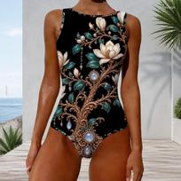 Women Plus Size High Round Neck Sleeveless One Piece Swimsuit Black Gold Printed L black
