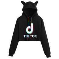 Women Tik Tok Short Pullover Hoodie Spring Autumn Sweatshirt Jumper Crop Tops Black White,M black