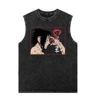 Vintage Washed Japanese Naruto Anime Harajuku Short-Sleeved Vest Gym T-Shirt Oversized Men's Women's Tops M black