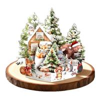 3D Kalėdinė kortelė „Kalėdų išvakarės“ su Kalėdų Seneliu, elniais, snieguota gyvenviete, šventinė sveikinimo kortelė onesize beige